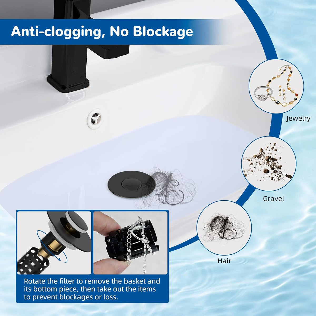 Bathroom Sink Drain Stopper - Removable Hair Filter For Clog-Free Drains