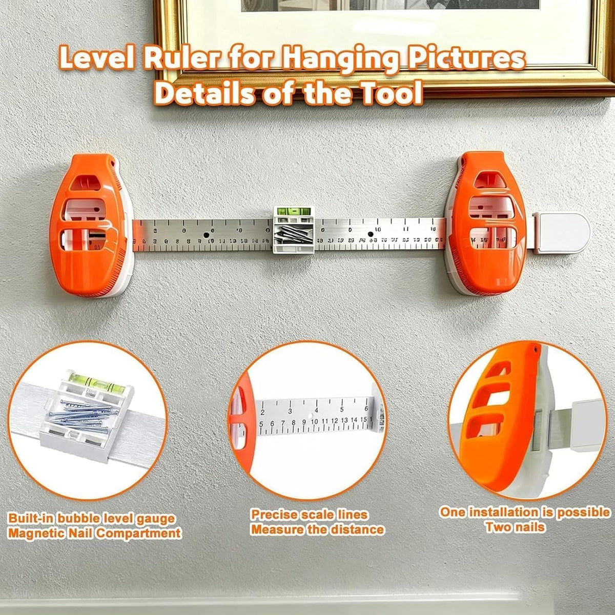 Picture Hanging Tool - Level & Ruler Guide for Perfectly Straight Frames